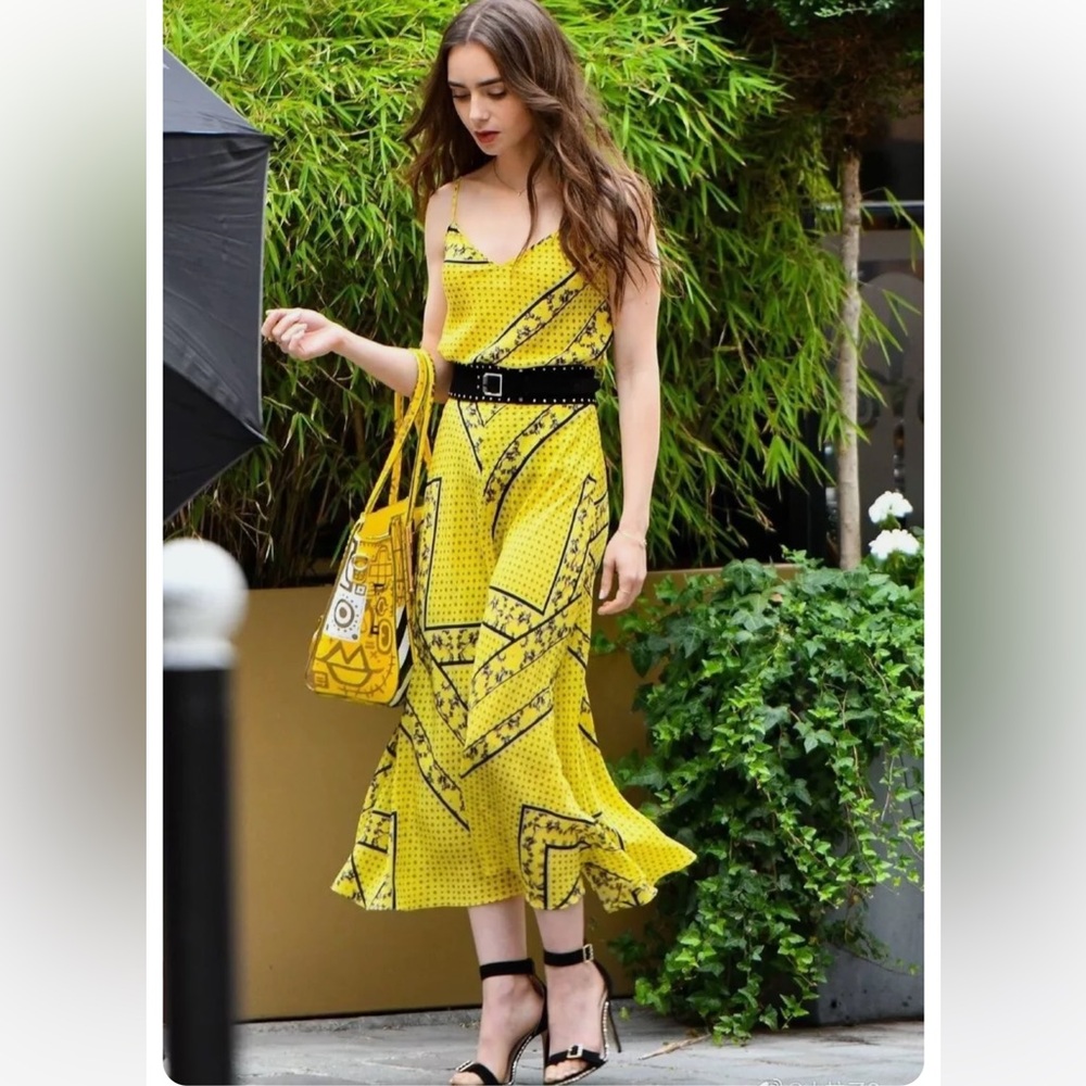 Ganni “Emily in Paris” Silk Mix Skirt and Top Minion Yellow 36 US Small